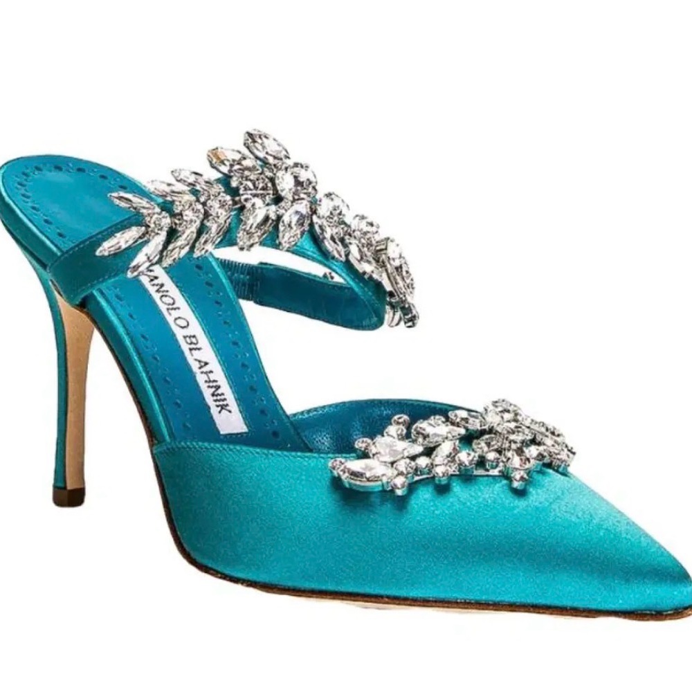 Manolo Blahnik Lurum 90 Embellished Satin Mules 8.5B/ 38.5